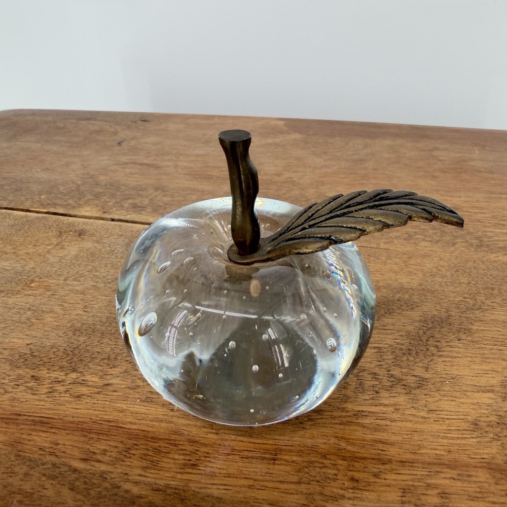 Vintage Clear APPLE Paperweight ART GLASS Controlled Bubbles BRASS Stem Leaf